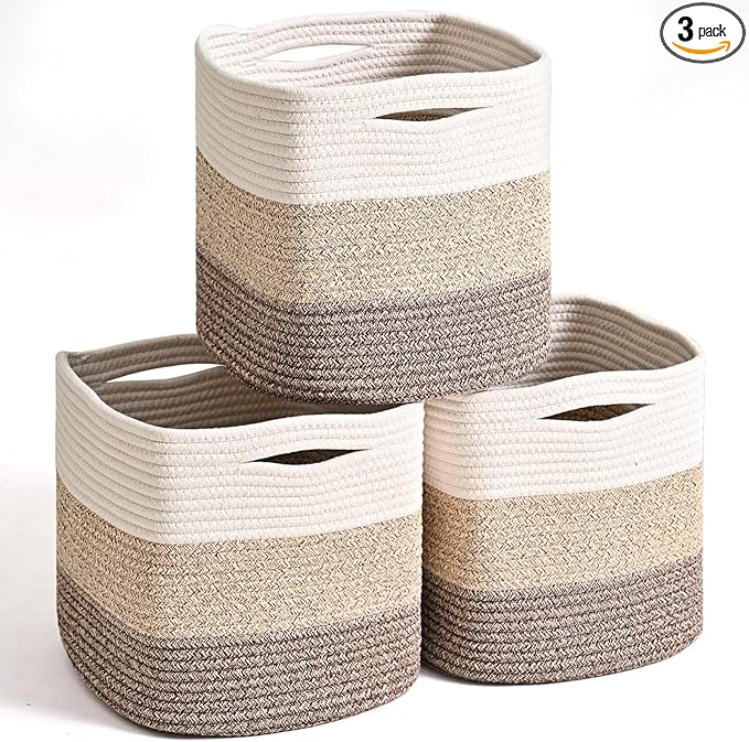 13 Inch Cube Closet Storage Bins, Woven Cotton Rope Organizer Baskets for Organizing & Shelves, Books, Towels, Clothes, Toys, 13x13x13 in, Gradient Brown (Pack of 3)