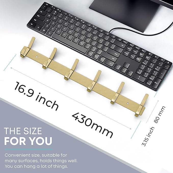 Brushed Gold Wall Mounted Coat Rack – 17 Inch Stainless Steel Rail with 6 Double Coat Hooks for Entryway, Bathroom, Bedroom, Kitchen – Modern Gold Hook Rack for Coats, Hats, Towels