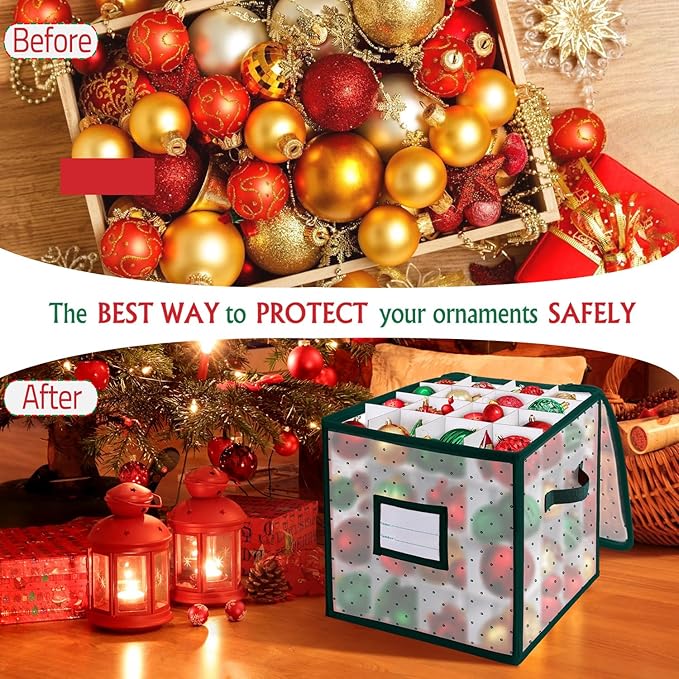 BINSUNS Christmas Ornament Storage Box, Christmas Storage Containers Organizer Bag with Dividers - Fits up to 64 Holiday Xmas Ornaments Decorations 3" Seasons Balls(Green)