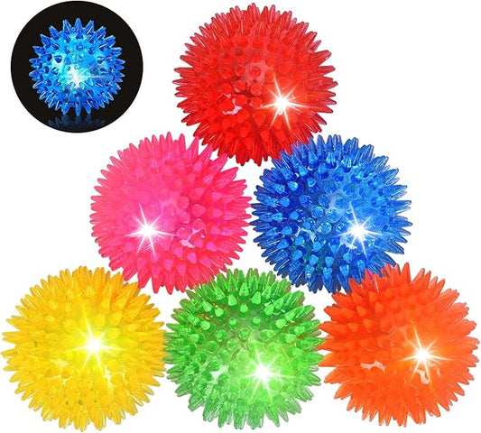 6-Pack 2.5” LED Light-Up Squeaky Dog Toy Balls ，Durable Interactive Glow Fetch Toys for Aggressive Chewers，BPA Free Non-Toxic, Spiky Puppy Chew Balls