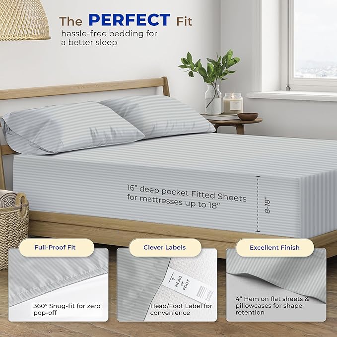 THREAD SPREAD Luxury Egyptian Cotton King Stripe Sheet Set, 600 Thread Count Extra Long Staple 4 PC Set, King Damask Sheets, Soft, Cooling Sateen Weave Sheets Upto 18" Deep Pocket - Silver Grey