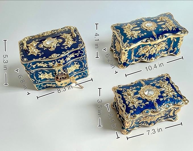 Truewon Jewelry Chest Rose Pastoral Style Metal Box Trinket Vintage Trinket Gemstone Storage Tray Treasure Souvenir Gift Case for Girls Women (Golden Blue, Large)