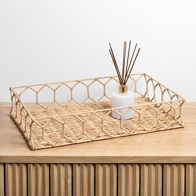 happimess TRY1001B Honeycomb 19.75" Rustic Bohemian Hand-Woven Rattan Tray for Storage,Decoration, Display, Coffee Table or Serving Food, Light Brown