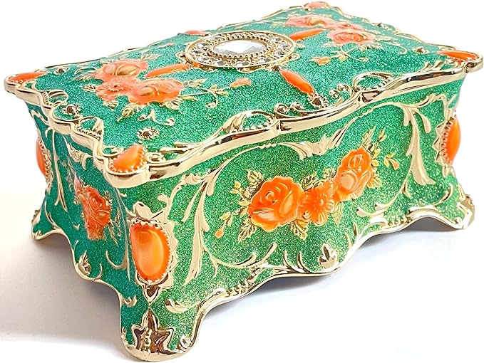 Truewon Jewelry Chest Rose Pastoral Style Metal Box Trinket Vintage Trinket Gemstone Storage Tray Treasure Souvenir Gift Case for Girls Women (Golden Starshine Green, Large)