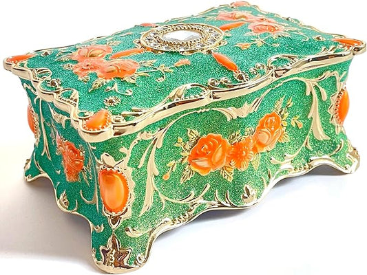 Truewon Jewelry Chest Rose Pastoral Style Metal Box Trinket Vintage Trinket Gemstone Storage Tray Treasure Souvenir Gift Case for Girls Women (Golden Starshine Green, Small)