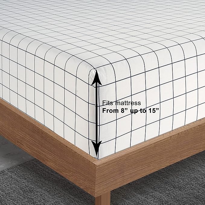 LANE LINEN Fitted Sheet King Size, 100% Organic Cotton, 3-Piece Set (1 Fitted Sheet,2 Pillowcases), Percale Weave, Ultra Soft, Breathable,Fits Mattress Upto 15" Deep - Windowpane(No Flat Sheet)