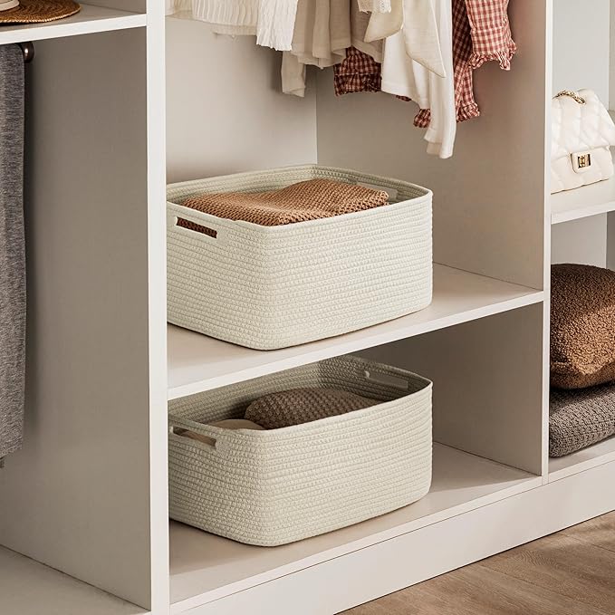 UBBCARE 2 Pack Large Woven Storage Baskets for Organizing, Clothes/Towel/Sweater Organizer for Closet, Storage Baskets Bins for Shelves, Blanket Basket, 17''Lx13''Wx7.5''H, Beige