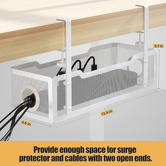 Under Desk Cable Management Tray White, Cinati Wire Organizers No Drill, Cable Tray with Clamp for Wire Management, Cord Organization Box for Office, Home - No Damage to Desk