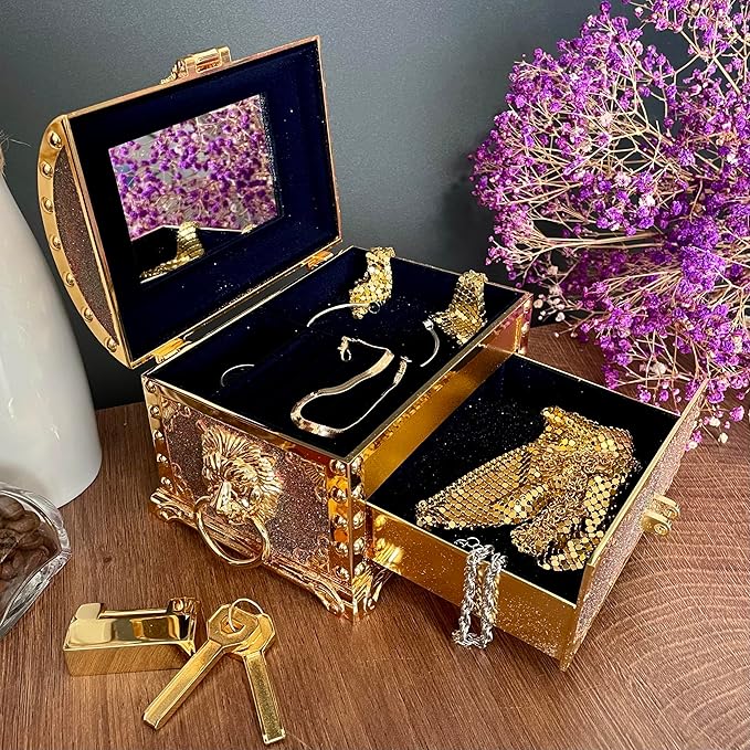 Retro Jewelry Box Arched Vintage Rectangular Metal Chest Necklace Ring Earrings Storage Case for Women Girls (Golden Starlight Red, L Lock)