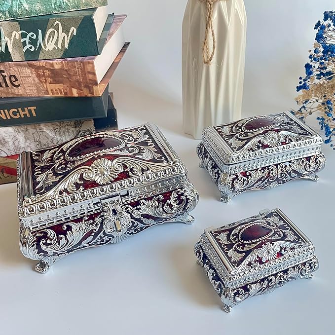 SIWOT Rectangular Classical Patterned Jewelry Box,Metal Retro European Scroll Design Treasure Storage Chest Case for Girls Women (Chrome Red, Large)