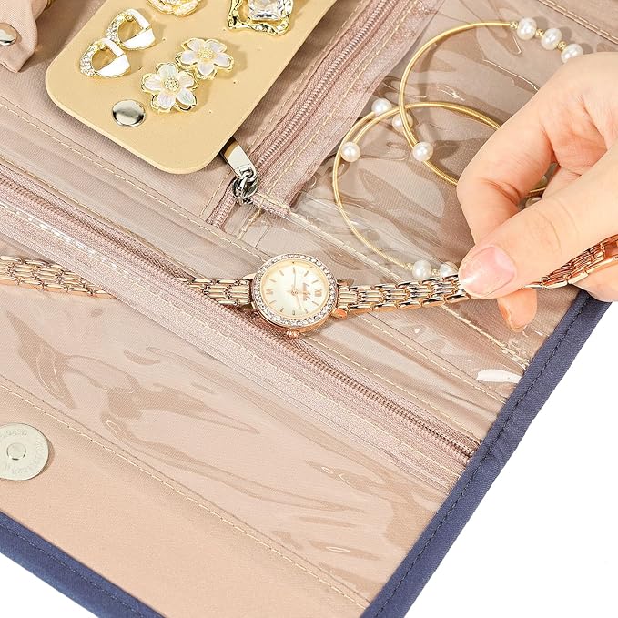 BELALIFE Travel Jewelry Case Organizer, Foldable Storage Roll for Earrings, Necklaces, Rings, Bracelets, Brooches, Blue-Gray