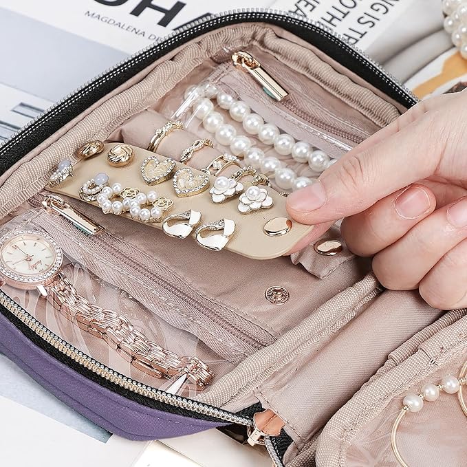 NISHEL Travel Jewelry Case, Holiday Organizer for Necklaces, Earrings, Rings, Bracelets, Watch,Small,Purple