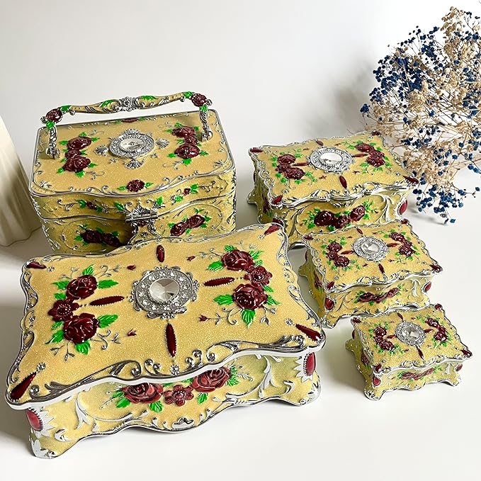 Truewon Jewelry Chest Rose Pastoral Style Metal Box Trinket Vintage Trinket Gemstone Storage Tray Treasure Souvenir Gift Case for Girls Women (Chrome Starshine Yellow, Double Extra Large Hand-held)