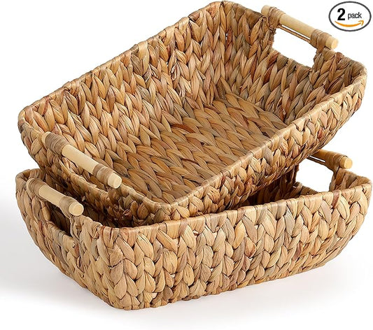Water Hyacinth Storage Baskets with Wooden Handles，Large Wicker Baskets for Organizing Set of 2