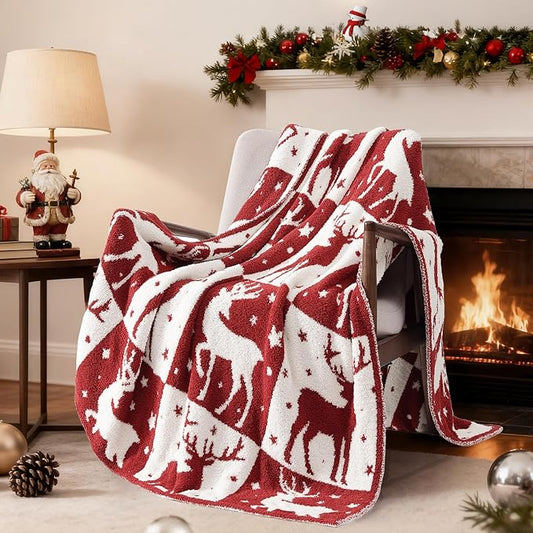 WRENSONGE Christmas Throw Blanket, Red Deer Pattern, Soft Cozy Fluffy Warm Throw Blankets for Couch, Sofa, Chair, Bed, Camping, Picnic, Travel Lightweight Bed Blanket - 50"*60"