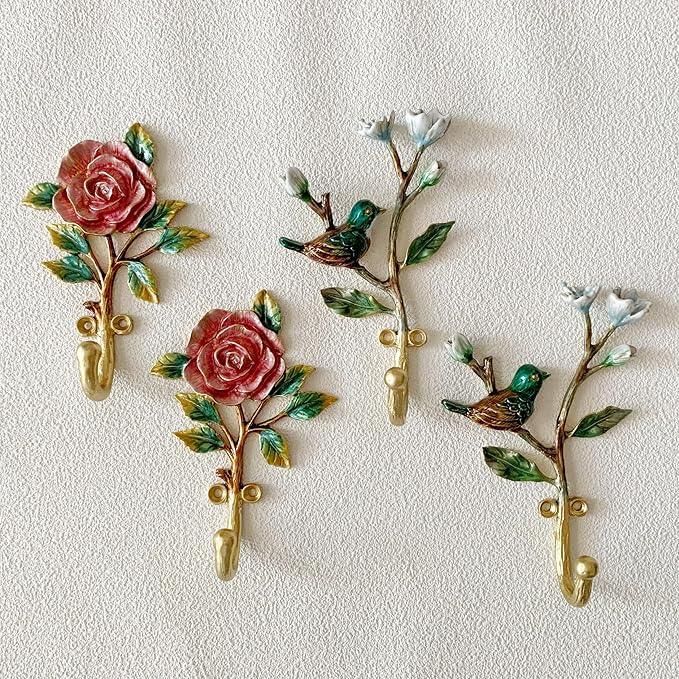 Vintage Flower Shaped Decorative Wall Hooks Rack Hangers for Hanging Clothes Coats Towels Keys Hats, 2 Pack Antique Metal Mounted Wall Hook