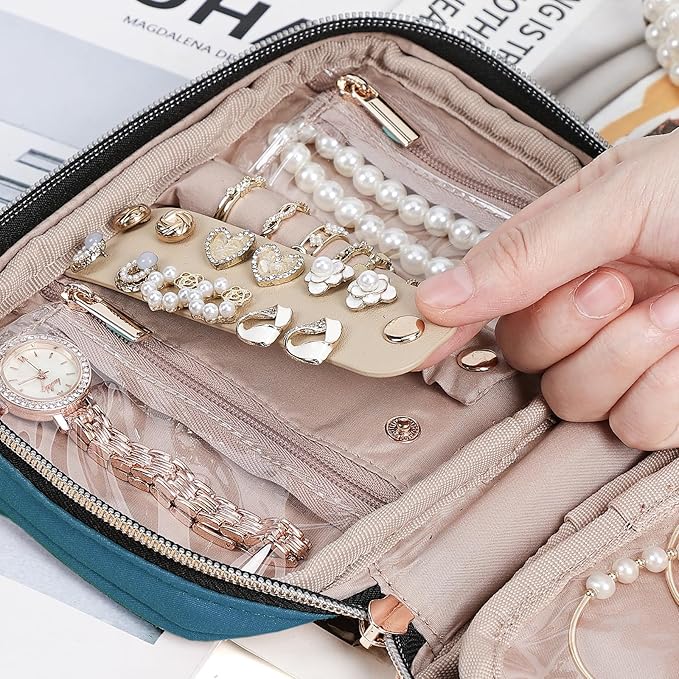 NISHEL Travel Jewelry Case, Holiday Organizer for Necklaces, Earrings, Rings, Bracelets, Watch,Small,Lake-Blue