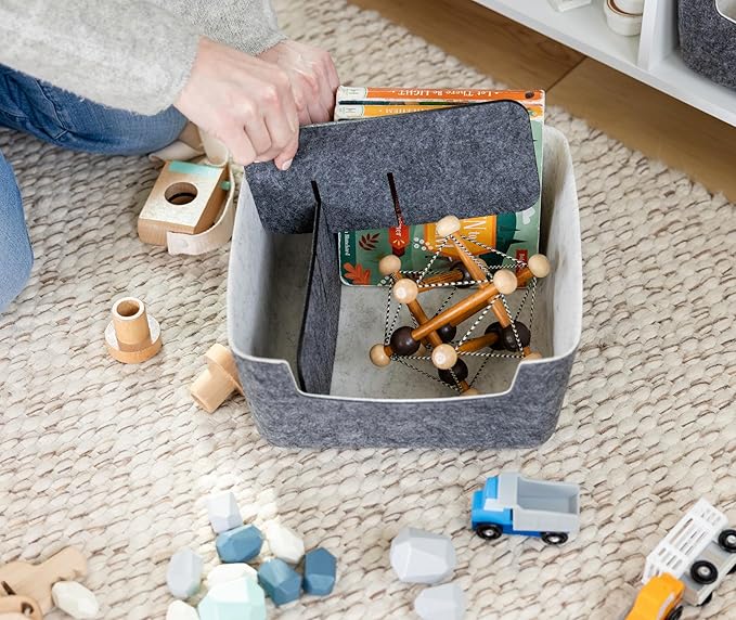 Three by Three Seattle felt·like·it!™ Medium Cubby Storage Bin Set of 2 with Dividers – Eco-Friendly Recycled Felt Bins for Home & Office Organization, Charcoal
