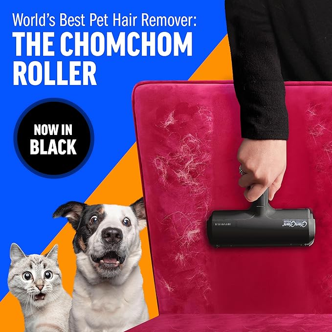 ChomChom Roller Pet Hair Remover – Original Size Reusable Lint Roller for Cat & Dog Hair on Furniture, Couch, Carpet, Car, Rugs & Bedding – Portable, Eco-Friendly (Black)