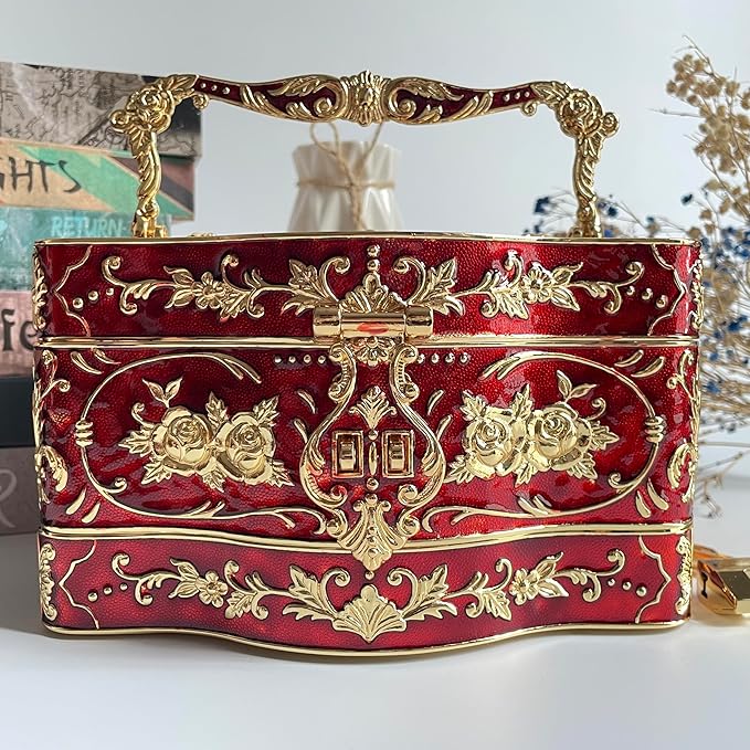 Truewon Jewelry Chest Rose Pastoral Style Metal Box Trinket Vintage Trinket Gemstone Storage Tray Treasure Souvenir Gift Case for Girls Women (Golden Red, Double Extra Large Hand-held)