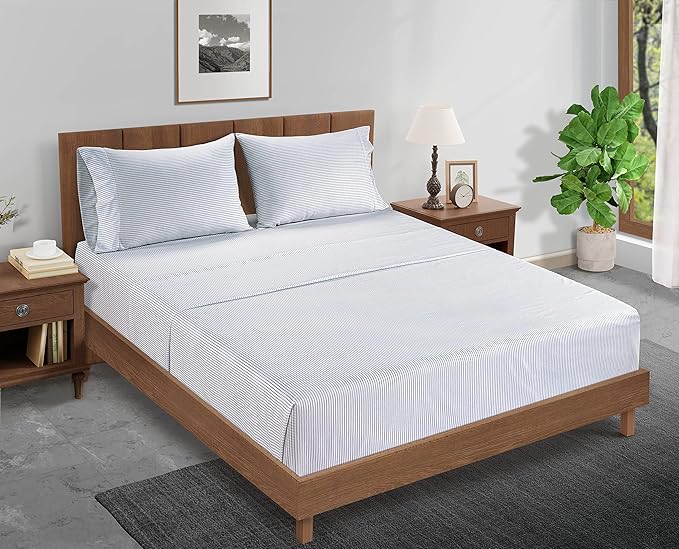 LANE LINEN Twin XL Fitted Sheet, 100% Organic Cotton 2-Piece Set (1 Fitted Sheet, 1 Pillowcase), Percale Weave, Bottom Sheet, Breathable, Fits Mattress Upto 15" Deep - Ticking Stripe (No Flat Sheet)