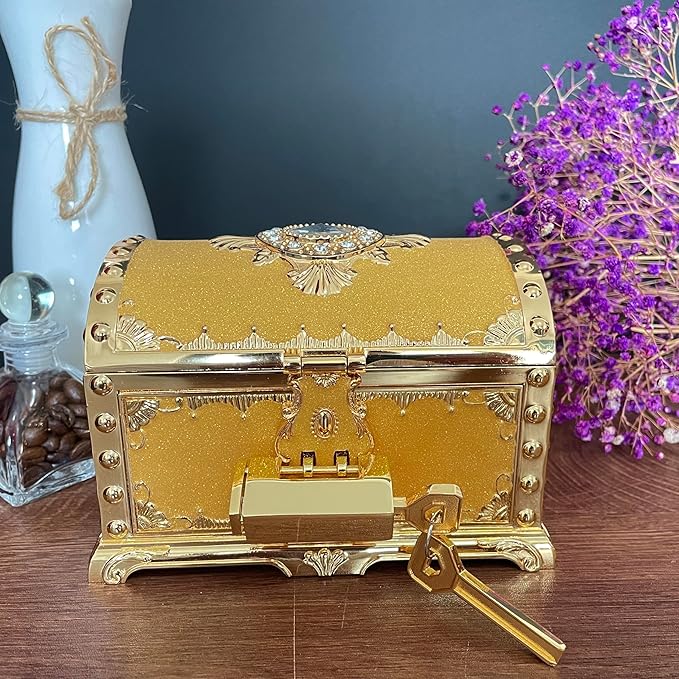 Retro Jewelry Box Arched Vintage Rectangular Metal Chest Necklace Ring Earrings Storage Case for Women Girls (Golden Starlight Yellow, L Lock)