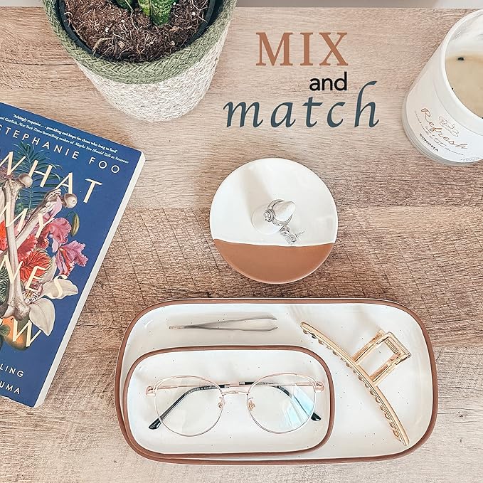 Mora Small Ceramic Decorative Tray – Rectangle 6.4 Inch Dish for Jewelry, Perfume, Makeup, Accessories, Candle, in the Bathroom Vanity, Bedside, or Kitchen Counter – Cute Organizer – White