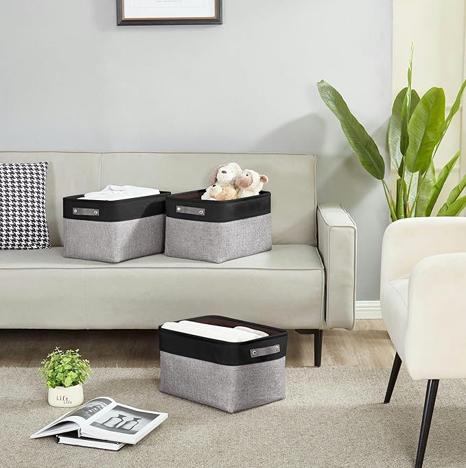 DECOMOMO Storage Baskets for Shelves - Fabric Closet Organizers and Storage Bins, Perfect Baskets for Organizing Closet Toys Nursery (Grey and Black, Large - 3 Pack)