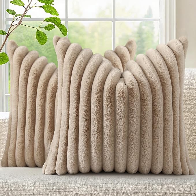 decorUhome Faux Fur Spring Throw Pillow Covers 22x22 Set of 2, Decorative Soft Plush Striped Neutral Couch Euro Sham Pillow Covers with Velvet Back for Sofa, Bed, Living Room Home, Khaki Brown