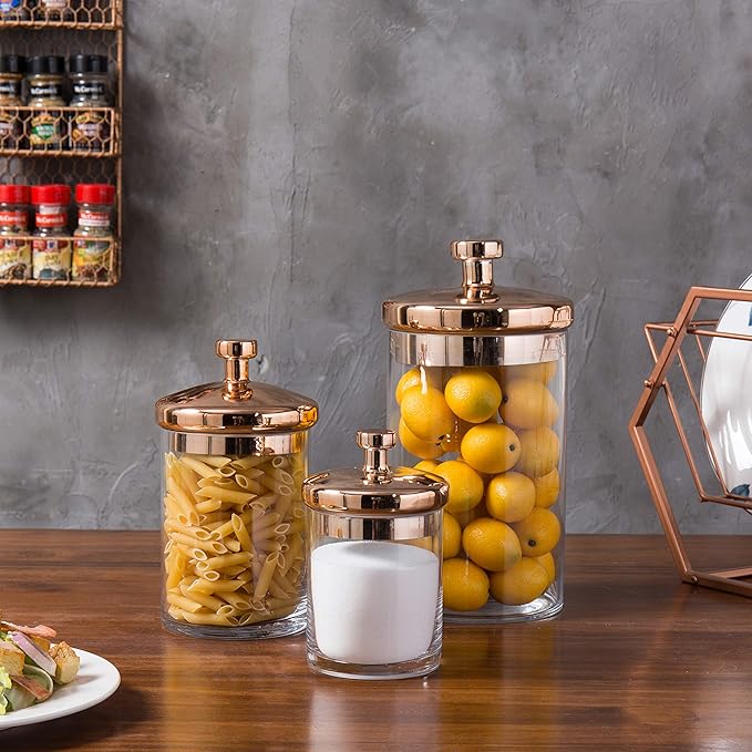 MyGift Glass Apothecary Cookie Jar Set with Copper Lid - Decorative Kitchen and Bath Storage Canisters, Wedding Centerpiece Jars, Candy Buffet with Lids
