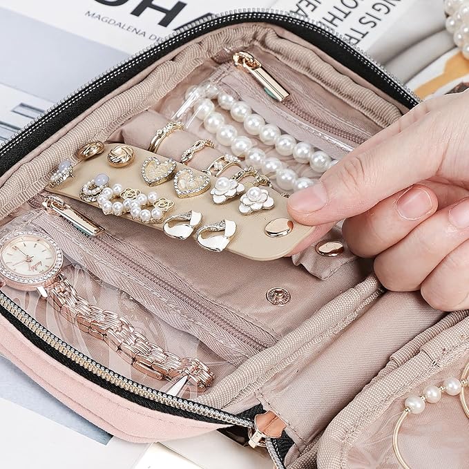 NISHEL Travel Jewelry Case, Holiday Organizer for Necklaces, Earrings, Rings, Bracelets, Watch, Small Size,Pink