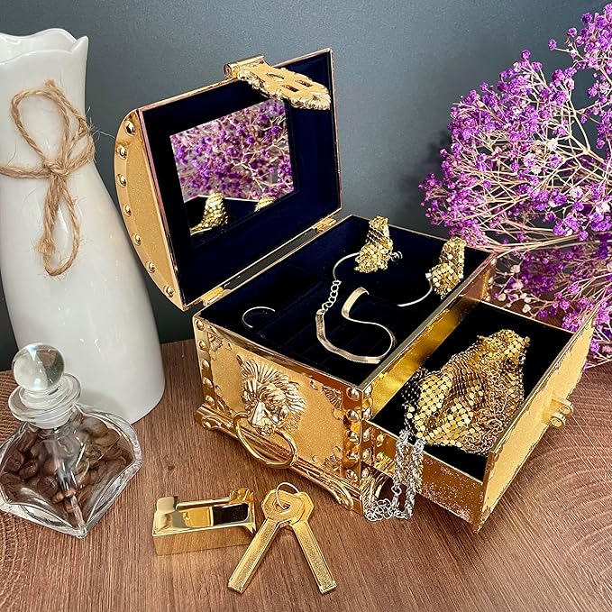 Retro Jewelry Box Arched Vintage Rectangular Metal Chest Necklace Ring Earrings Storage Case for Women Girls (Golden Starlight Yellow, L Lock)