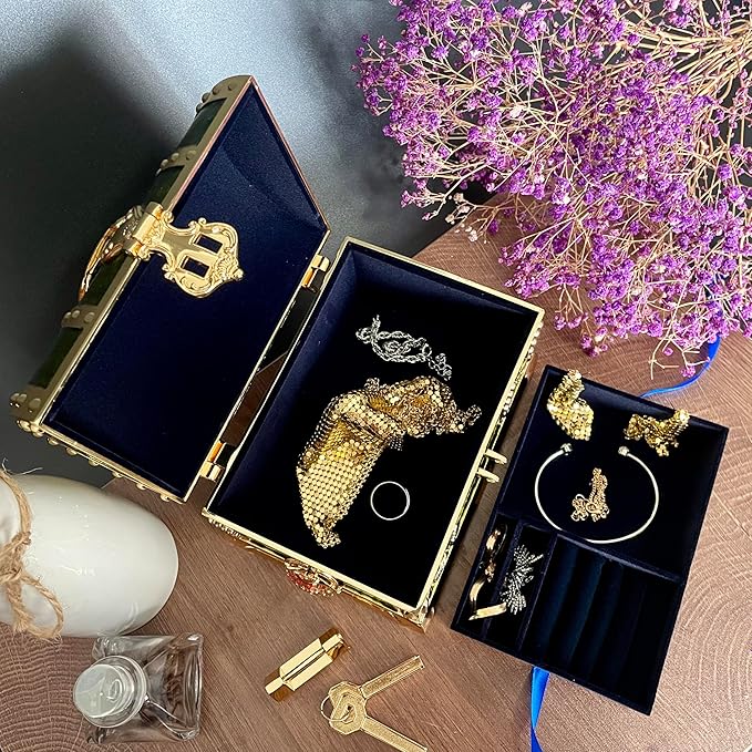 Retro Jewelry Box Arched Vintage Rectangular Metal Chest Necklace Ring Earrings Storage Case for Women Girls (Golden Transparent Green, L Lock)