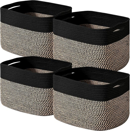 Storage Baskets for Shelves Organizing, Woven Cotton Rope Baskets for Storage, Book Basket, Decorative Shelf Basket, 12.5"Lx9.1''Wx7.9''H (4 Packs) Black & Jute