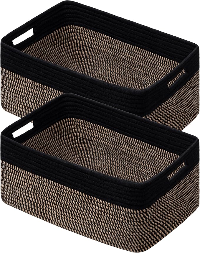 UBBCARE 2 Pack Large Woven Storage Baskets for Organizing, Clothes/Towel/Sweater Organizer for Closet, Storage Baskets Bins for Shelves, Blanket Basket, 17''Lx13''Wx7.5''H, Black/Brown