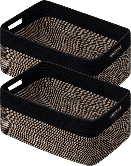 UBBCARE 2 Pack Large Woven Storage Baskets for Organizing, Clothes/Towel/Sweater Organizer for Closet, Storage Baskets Bins for Shelves, Blanket Basket, 17''Lx13''Wx7.5''H, Black/Brown