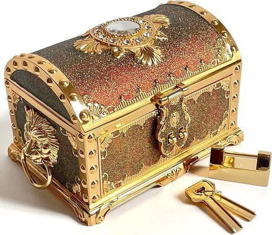 Retro Jewelry Box Arched Vintage Rectangular Metal Chest Necklace Ring Earrings Storage Case for Women Girls (Golden Starlight Red, L Lock)