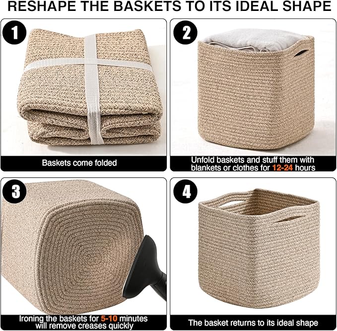 13 Inch Cube Closet Storage Bins, Woven Cotton Rope Organizer Baskets for Organizing & Shelves, Books, Towels, Clothes, Toys, 13x13x13 in, Brown (Pack of 3)