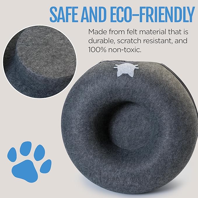 Meow Mansion Large Cat Cave Donut - Cat Tunnel; up to 30lbs - 3 Toy Balls & Hanging Ball Included - Scratch Resistant, Detachable and Cleanable Cat Donut Bed