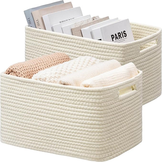 UBBCARE 2 Pack Storage Basket for Shelves, Woven Baskets for Organizing, Durable Organizer Baskets Storage Bins for Bookshelf, Toys, Towels, Clothes, 13''Lx9''Wx7.5''H, Beige