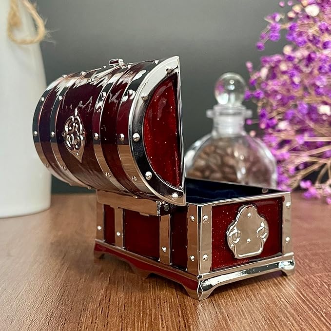 Retro Jewelry Box Arched Vintage Rectangular Metal Chest Necklace Ring Earrings Storage Case for Women Girls (Chrome Transparent Red, S)