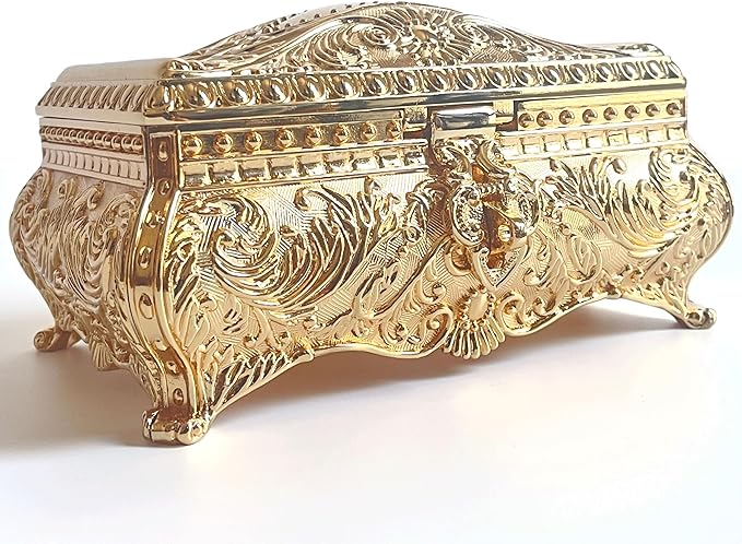 SIWOT Rectangular Classical Patterned Jewelry Box,Metal Retro European Scroll Design Treasure Storage Chest Case for Girls Women (Golden, Large)