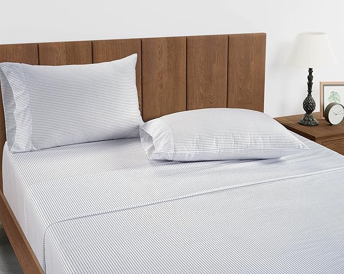 LANE LINEN Twin XL Fitted Sheet, 100% Organic Cotton 2-Piece Set (1 Fitted Sheet, 1 Pillowcase), Percale Weave, Bottom Sheet, Breathable, Fits Mattress Upto 15" Deep - Ticking Stripe (No Flat Sheet)