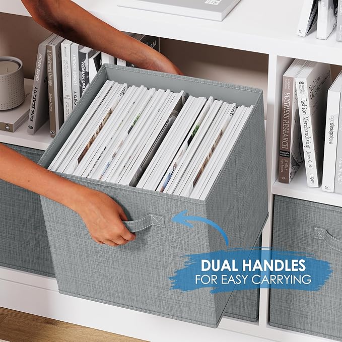 NEATERIZE Fabric Storage Cubes for Cube Organizer - 6 Pack Heavy Duty Grey Storage Bins - 13 Inch Cube Storage Bin, Use As A Clothes Storage Box, Baskets For Shelves or Cubbies Storage bins