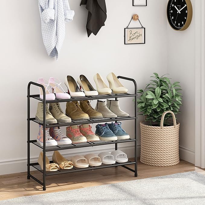 Simple Trending 4-Tier Stackable Shoe Rack, Expandable & Adjustable Shoe Organizer Storage Shelf, Wire Grid, Black