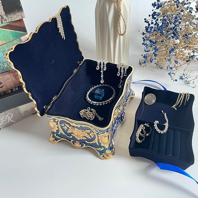 Truewon Jewelry Chest Rose Pastoral Style Metal Box Trinket Vintage Trinket Gemstone Storage Tray Treasure Souvenir Gift Case for Girls Women (Golden Blue, Large)