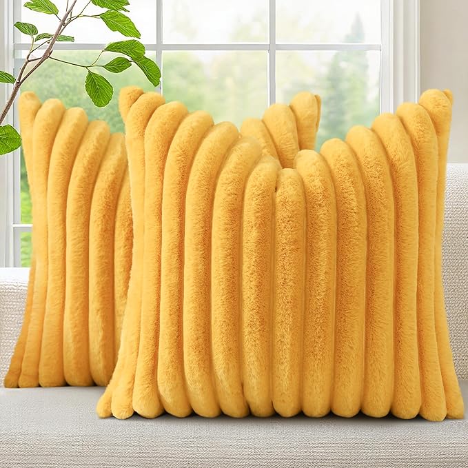 decorUhome Faux Fur Spring Throw Pillow Covers 24x24 Set of 2, Decorative Soft Plush Striped Neutral Couch Euro Sham Pillow Covers with Velvet Back for Sofa, Bed, Living Room Home, Mustard Yellow