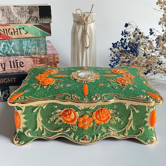 Truewon Jewelry Chest Rose Pastoral Style Metal Box Trinket Vintage Trinket Gemstone Storage Tray Treasure Souvenir Gift Case for Girls Women (Golden Starshine Green, Extra Large)