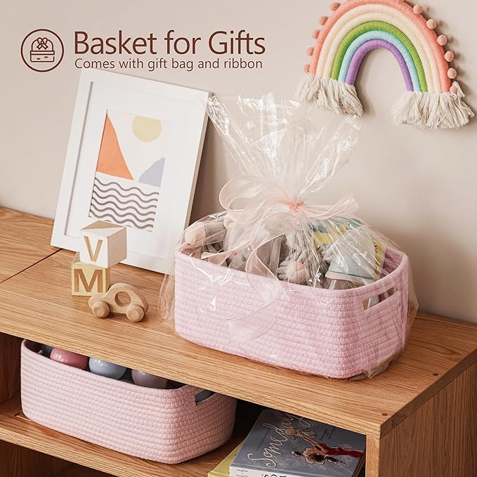 UBBCARE 4 Pack Small Basket, Woven Storage Basket for Oganizing, Small Gift Basket, Dog Toy Basket, Cute Decorative Cotton Rope Basket Storage Bins, 12''Lx8''Wx4.7''H, Pink