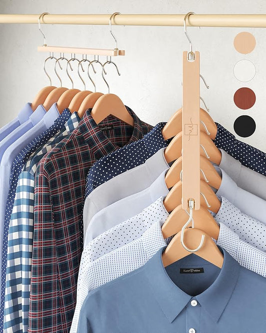 MORALVE Space Saving Hangers for Closet – 4 Pack European Beechwood 6-Tier Shirt Organizer with 360° Swivel Hook – Collapsible Clothes Hanger for Closet Organization (Hangers Not Included)